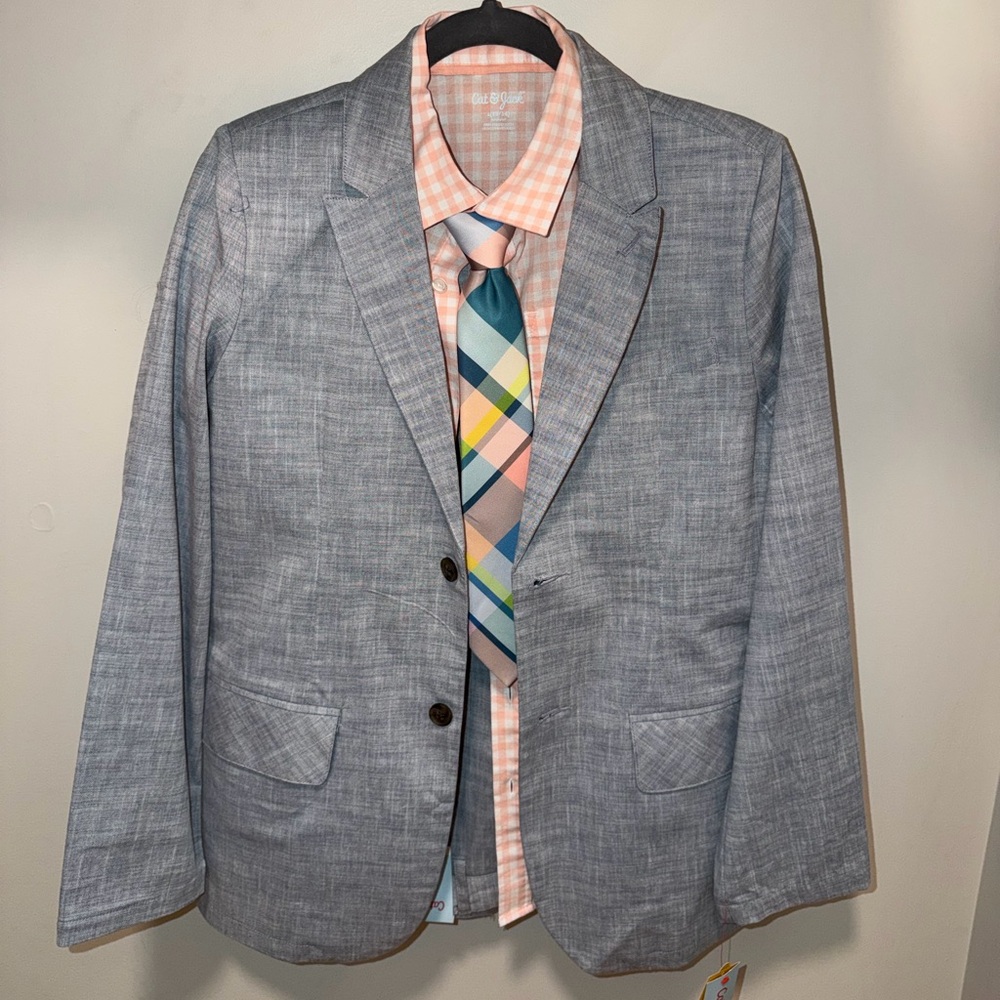 NWT Light Blue Boys Blazer with Peach Shirt and Plaid Tie XL / 16